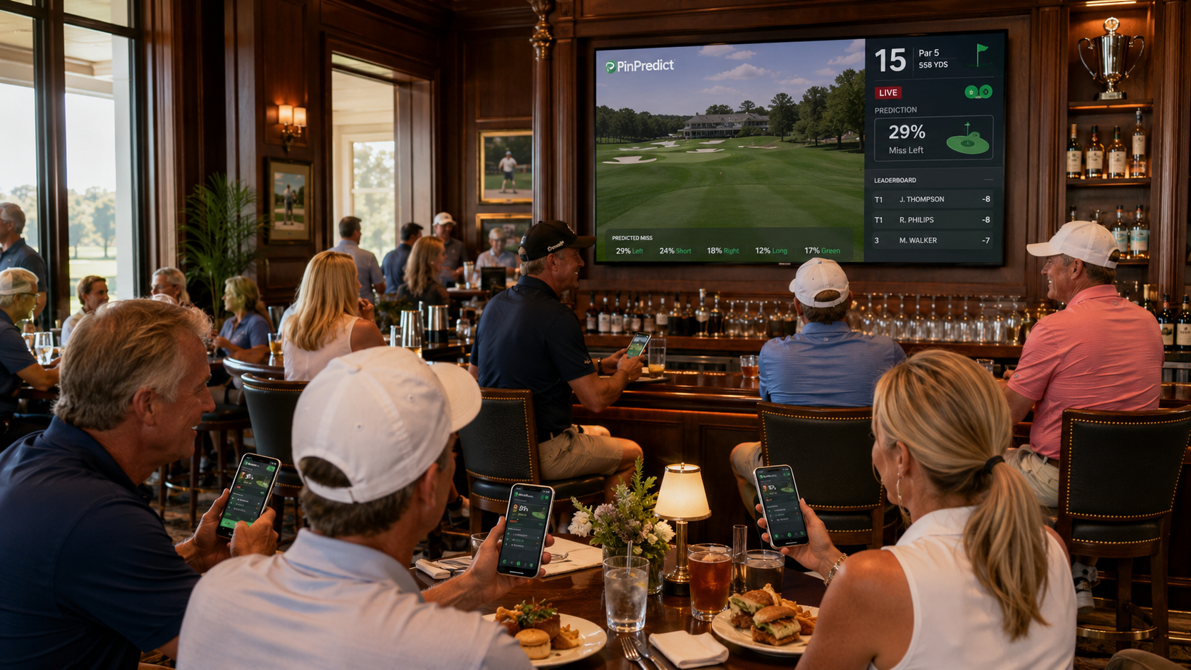 Golf clubhouse bar with PinPredict live predictions on the TV and guests playing along on phones
